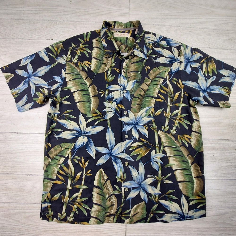 Tommy Bahama Camp Shirt Mens Large Navy Blue Silk Tropical Palm Leaf Floral - Picture 2 of 7